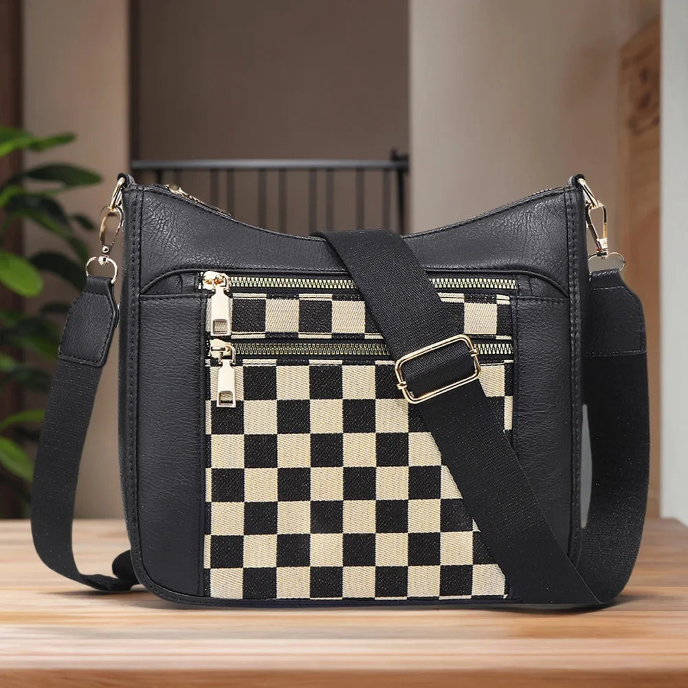 Women Leather Crescent Crossbody Bag Adjustable Strap Stylish Satchel Purse Cherckered Shoulder Bag for Commuting Daily Use