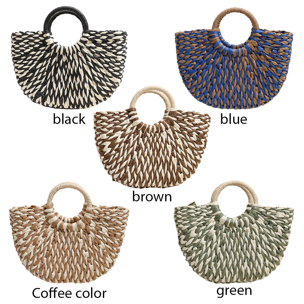 Women Half-Round Handbag Large Capacity Semi-Circle Woven Bag Color Clash Semicircle Weaving Bag Summer Beach Handbag