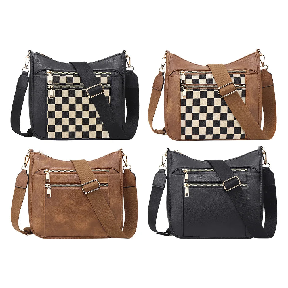 Women Leather Crescent Crossbody Bag Adjustable Strap Stylish Satchel Purse Cherckered Shoulder Bag for Commuting Daily Use