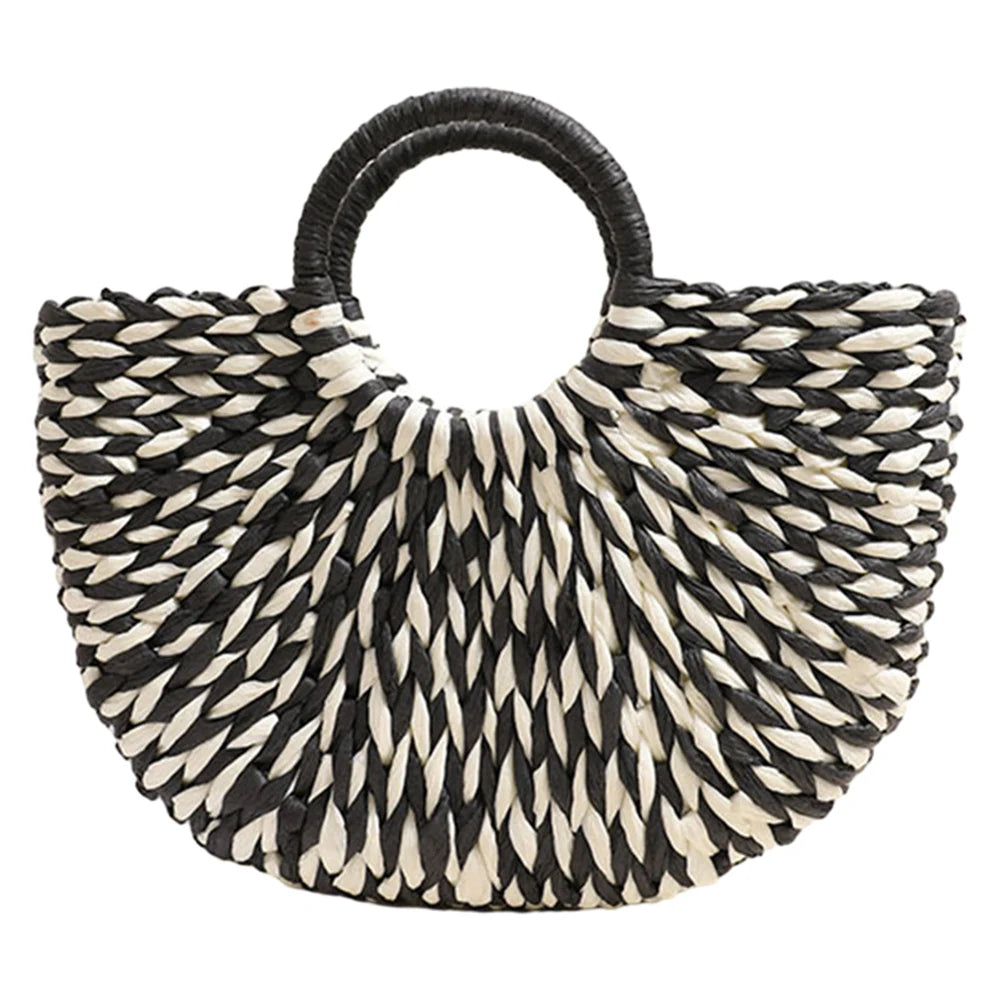 Women Half-Round Handbag Large Capacity Semi-Circle Woven Bag Color Clash Semicircle Weaving Bag Summer Beach Handbag