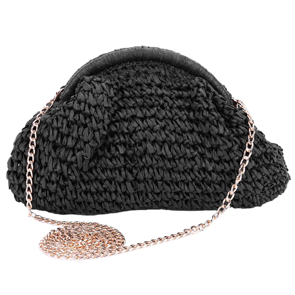 Women Straw Woven Bag Chain Strap Stylish Crossbody Bag Large Capacity Weaving Satchel Bag Solid Color for Outdoor Travel