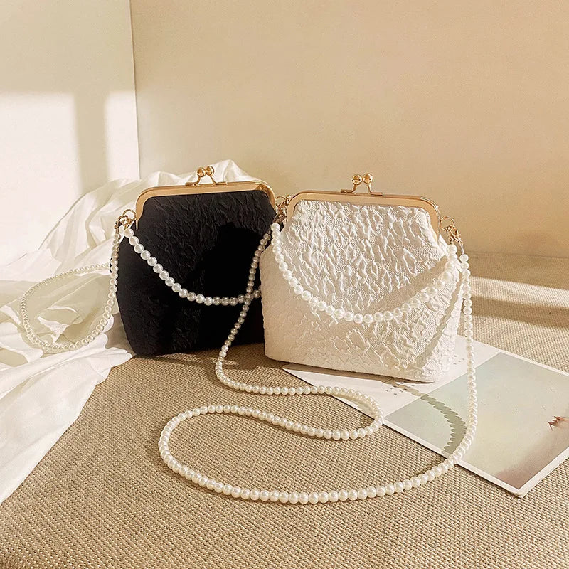 Black And White Pearl Evening Bag Fashionable High-end Simple Metal Buckle Pearl Shoulder Strap Woman Crossbody Bag