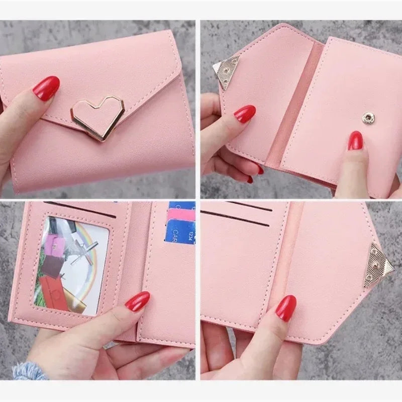 Women Heart Hasp Short Wallet Simple Multifunctional Folding Purse Card Holder Cute Fashion Clutch Bag Girls Money Bag