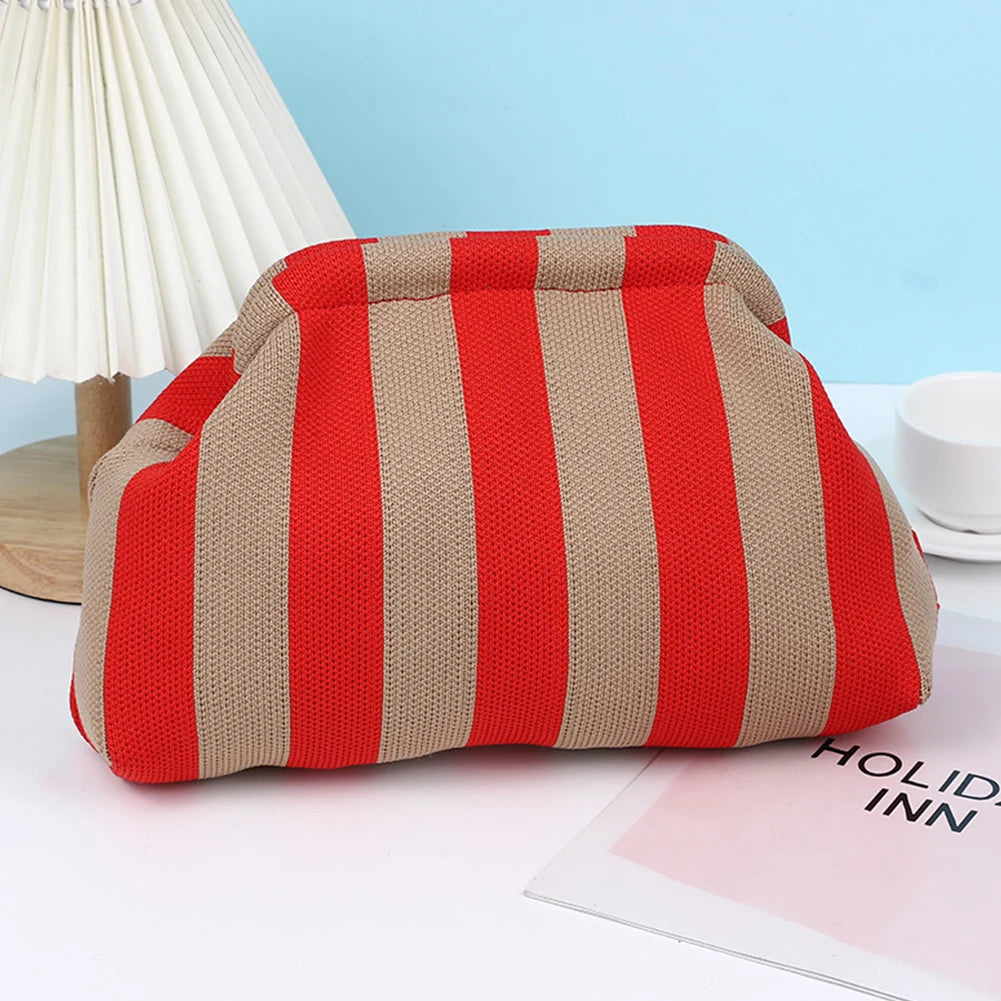 Summer Beach Clutch Bag for Women Elegant Striped Handbag Woven Crochet Purses Knitting Dumpling Clutch Casual Colorblock Bag