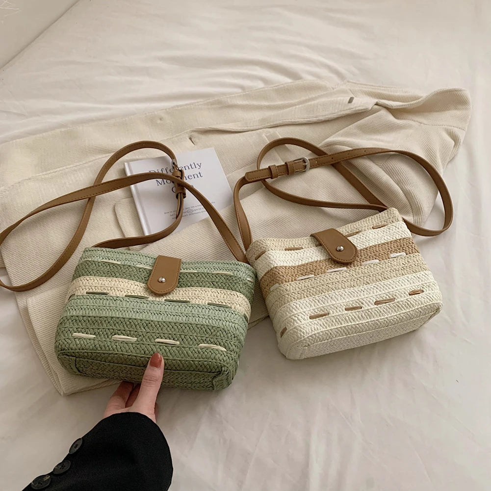 Ladies Woven Bag Handmade Messenger Bag Fashion Casual Simple Portable Gradient Color Elegant Paper Rope for Seaside Holiday