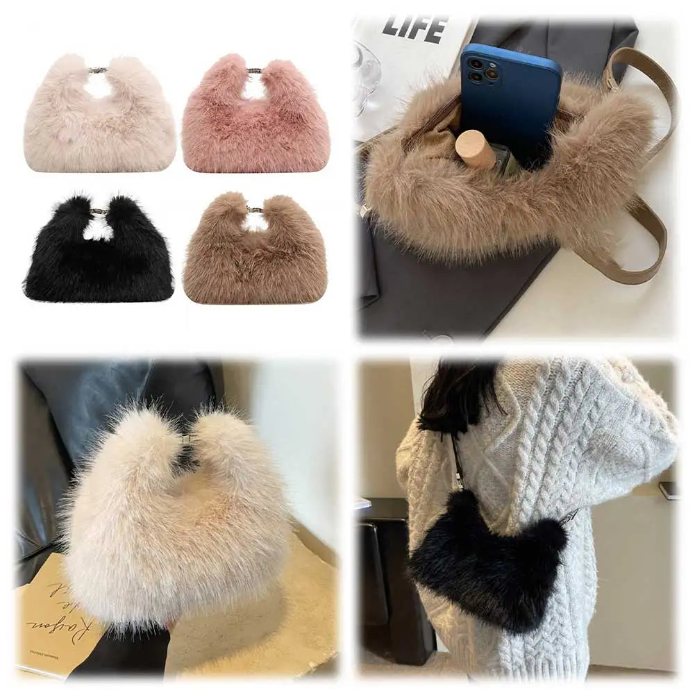 Women Faux Fur Shoulder Bag Adjustable Strap Fluffy Crossbody Bag Solid Color Clutch Purse for Travel Party