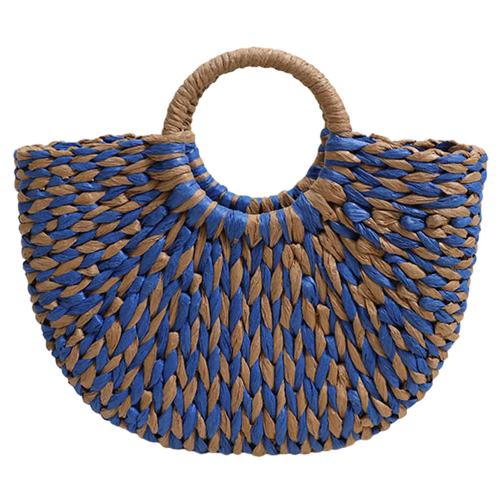 Women Half-Round Handbag Large Capacity Semi-Circle Woven Bag Color Clash Semicircle Weaving Bag Summer Beach Handbag