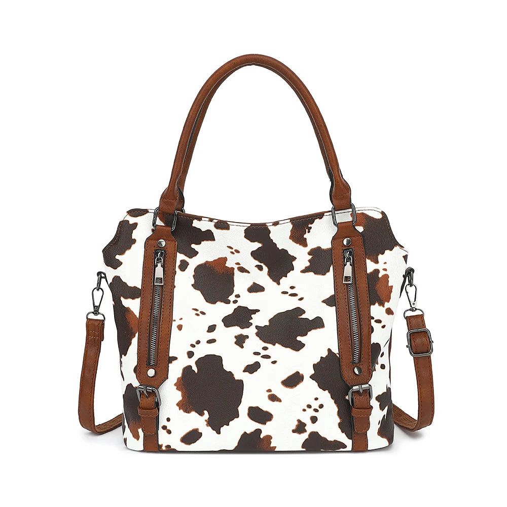 Cow Print Tote Bag for Women Western Purse Boho Top Handle Stachel Handbag with Guitar Strap Gift Brown