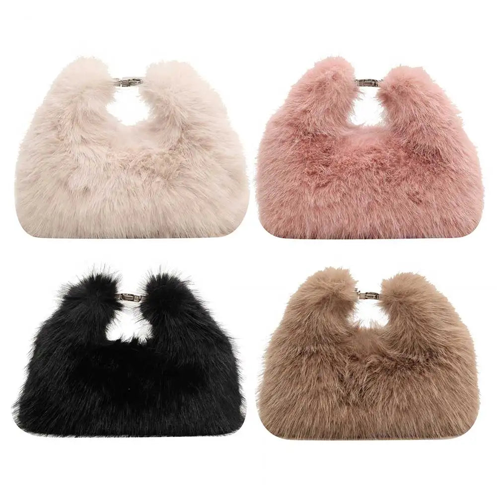 Women Faux Fur Shoulder Bag Adjustable Strap Fluffy Crossbody Bag Solid Color Clutch Purse for Travel Party