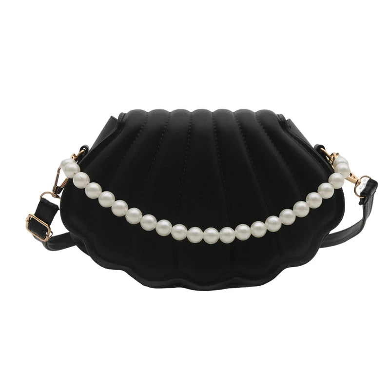 PU Leather Shoulder Bag Seashell Women Crossbody Bag Pearl Chain with Adjustable Strap Satchel Bag for Party Prom Cocktail
