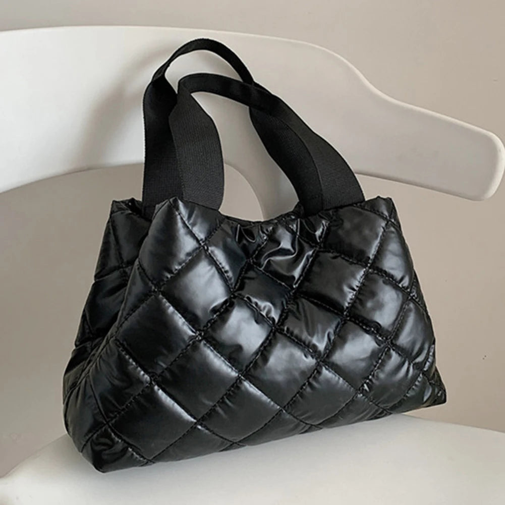 Women Quilted Hobo Handbag Large Capacity Puffer Shoulder Bag Solid Color Portable Cotton Girls Winter Bag