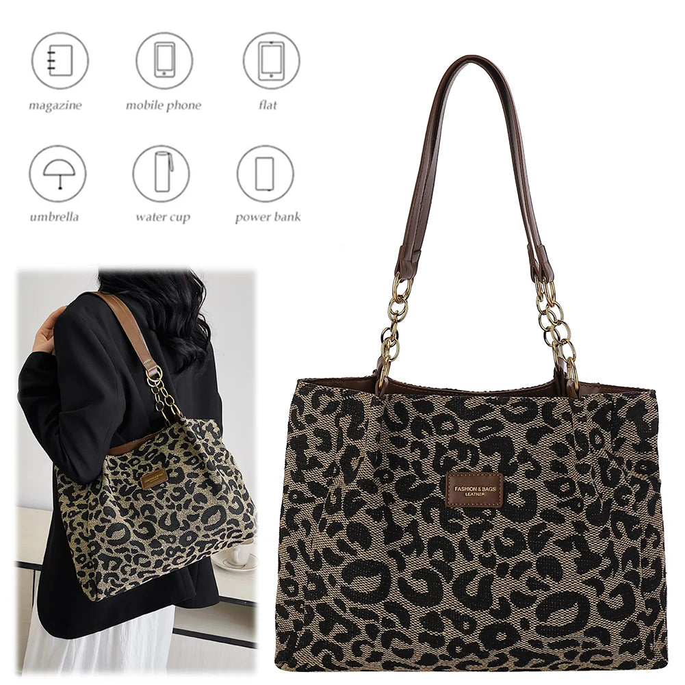 Women Tote Bag Leopard Print Canvas Shoulder Bag Multi-Pockets Handbag with Zipper Underarm Bag for School Work Shopping