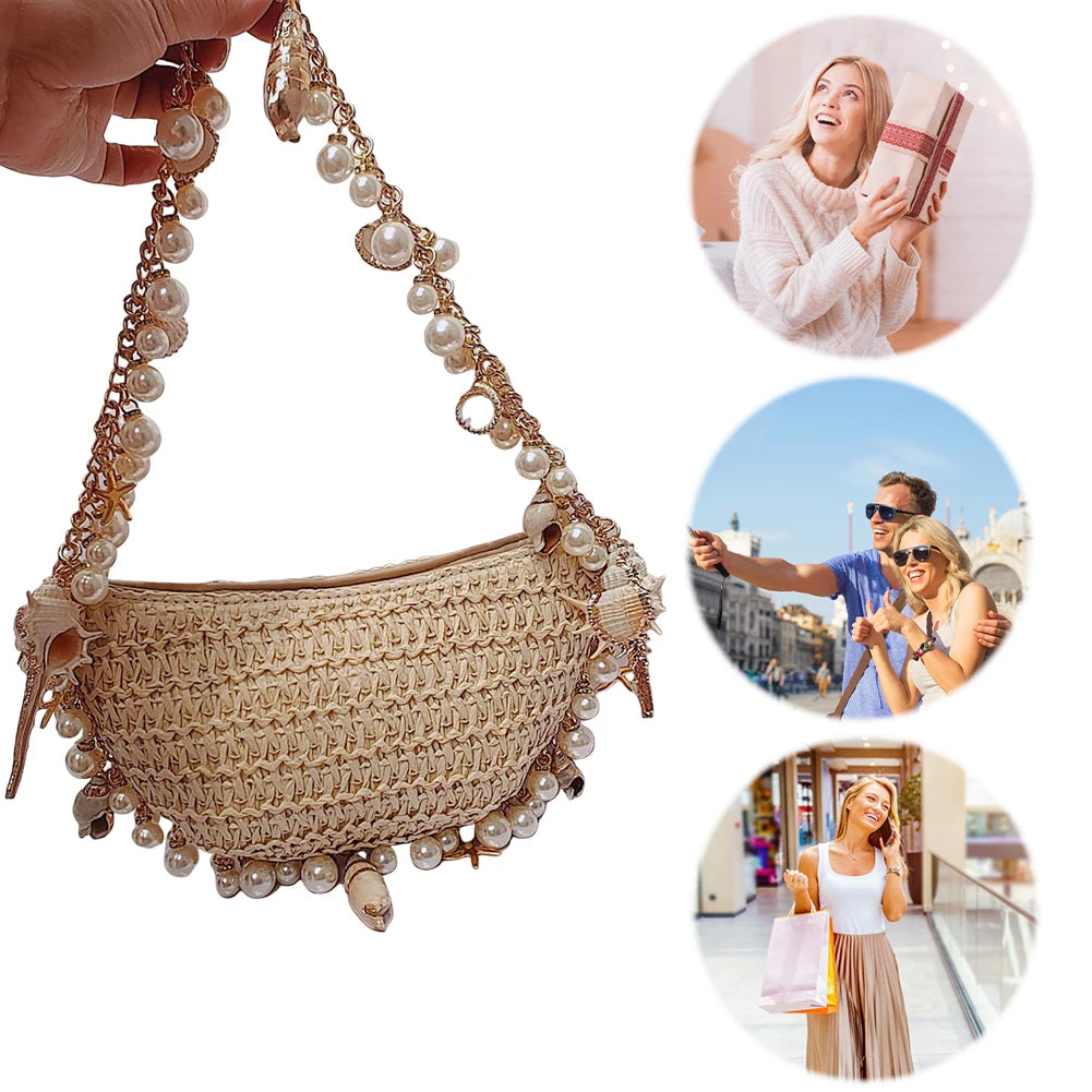 Women's Bohemian Straw Bag Handwoven Conch Starfish Beach Bag Pearls Shell Hand-Woven Handbags Rattan Half Moon Shoulder Bags