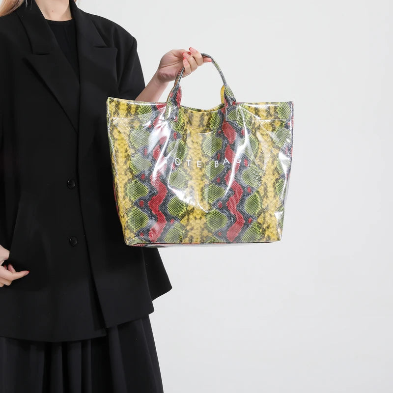 Women PU Handbag Fashion Handheld Bag Large Capacity Shopping Bag Snake Pattern Commuting Bag Waterproof Chic Hobo Bag