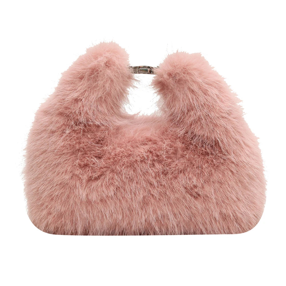 Women Faux Fur Shoulder Bag Adjustable Strap Fluffy Crossbody Bag Solid Color Clutch Purse for Travel Party