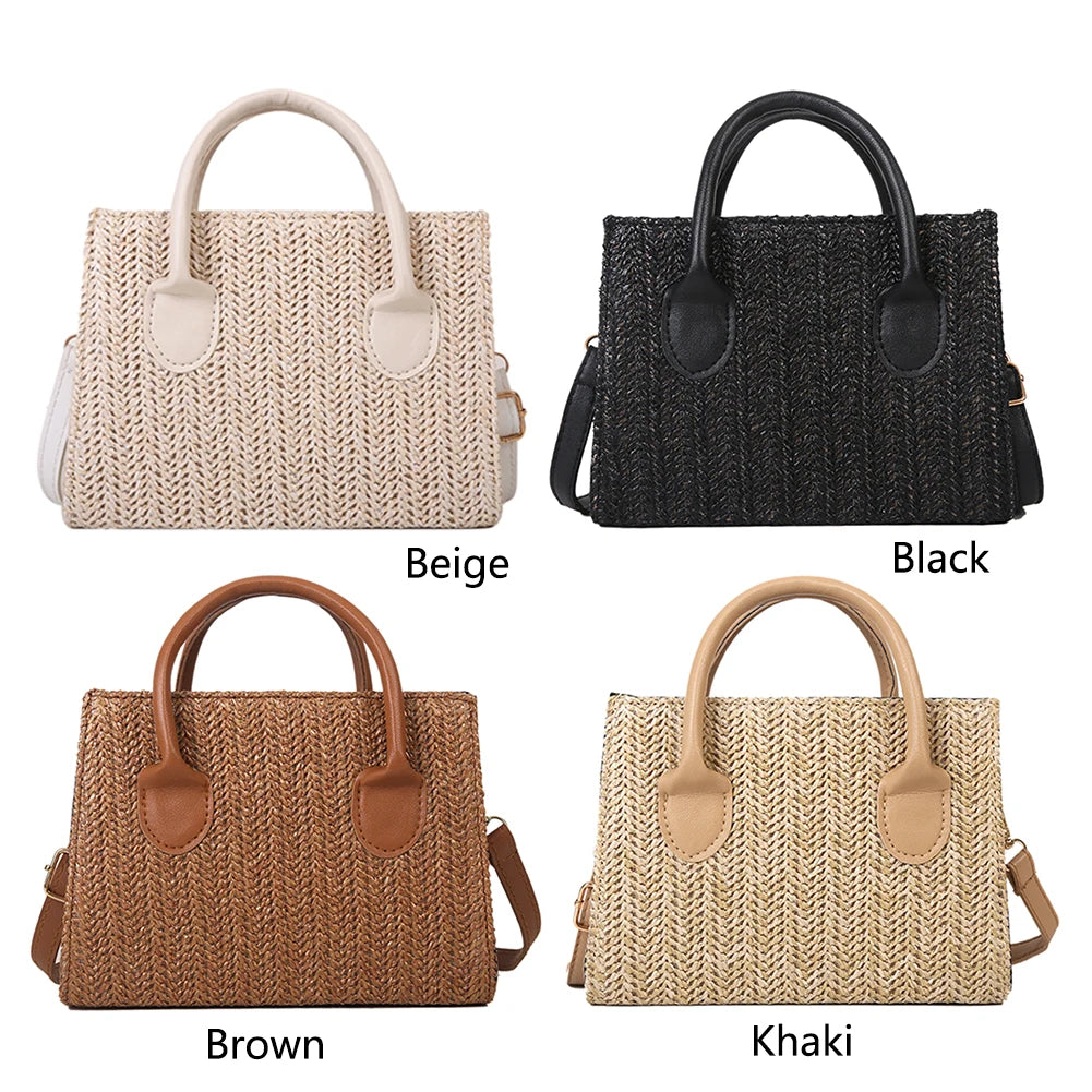 Women Handmade Beach Bag Large Capacity Travel Shopper Handbag Adjustable Strap Handheld Straw Satchel Bag Summer Holiday Bags