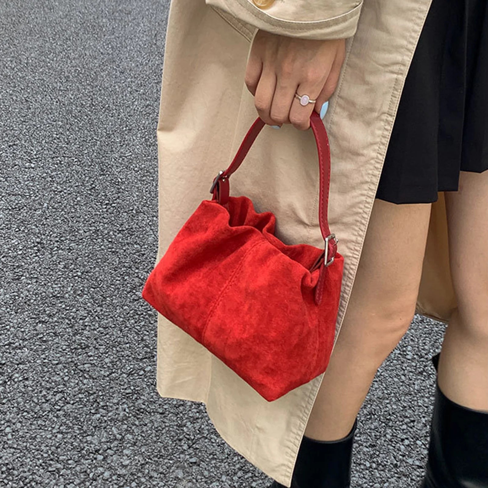 PU Shoulder Bag Solid Color Tote Handbag Lightweight Crossbody Bag Drawstring for Women Daily Use Special Occasion
