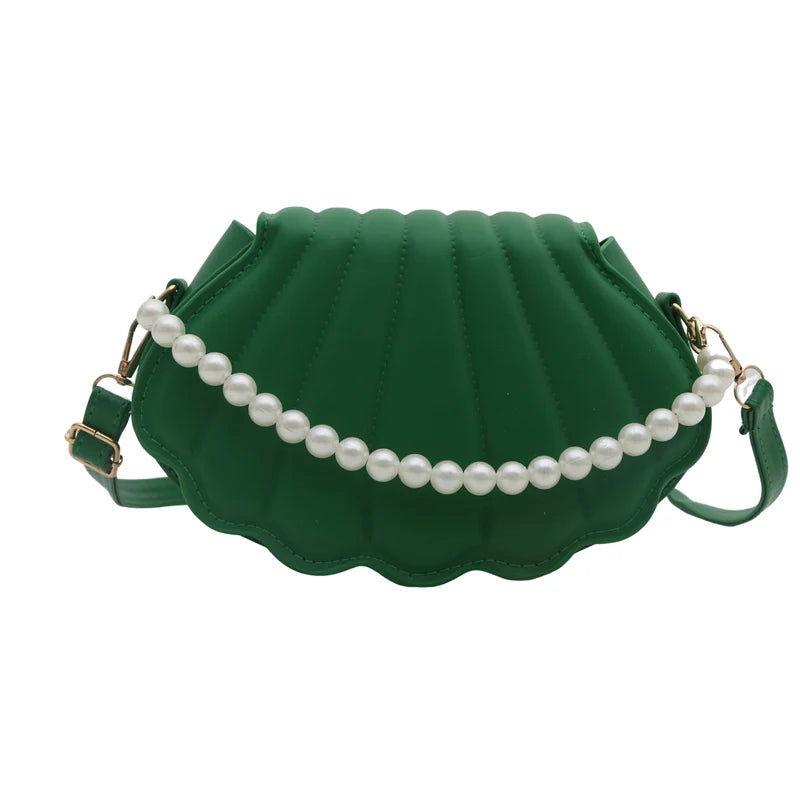 PU Leather Shoulder Bag Seashell Women Crossbody Bag Pearl Chain with Adjustable Strap Satchel Bag for Party Prom Cocktail