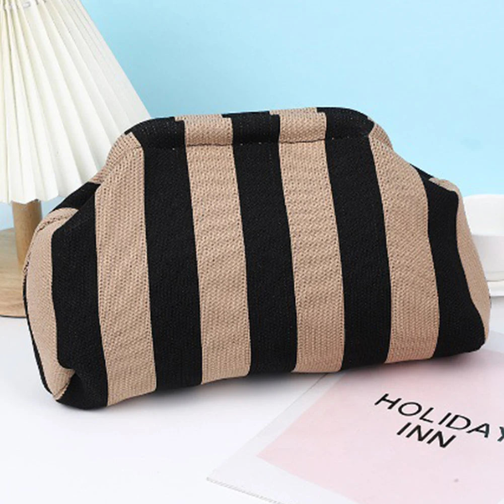Summer Beach Clutch Bag for Women Elegant Striped Handbag Woven Crochet Purses Knitting Dumpling Clutch Casual Colorblock Bag