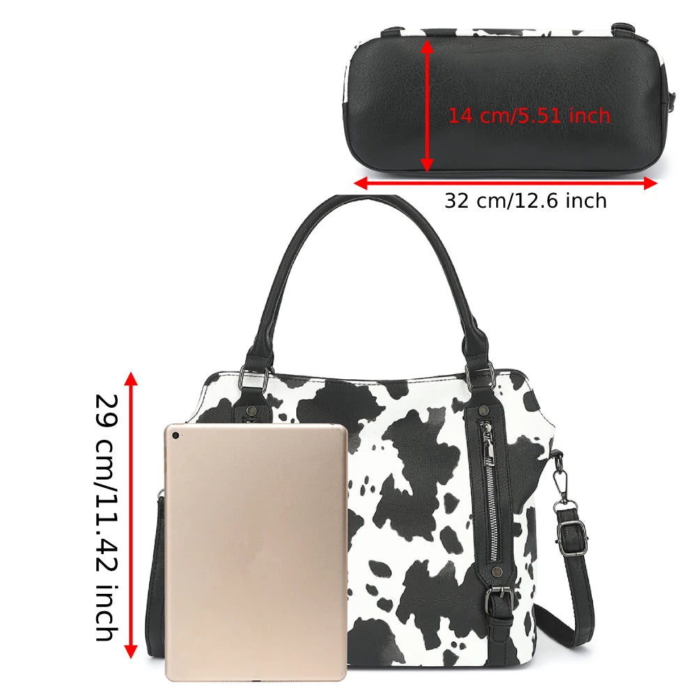 Cow Print Tote Bag for Women Western Purse Boho Top Handle Stachel Handbag with Guitar Strap Gift Brown