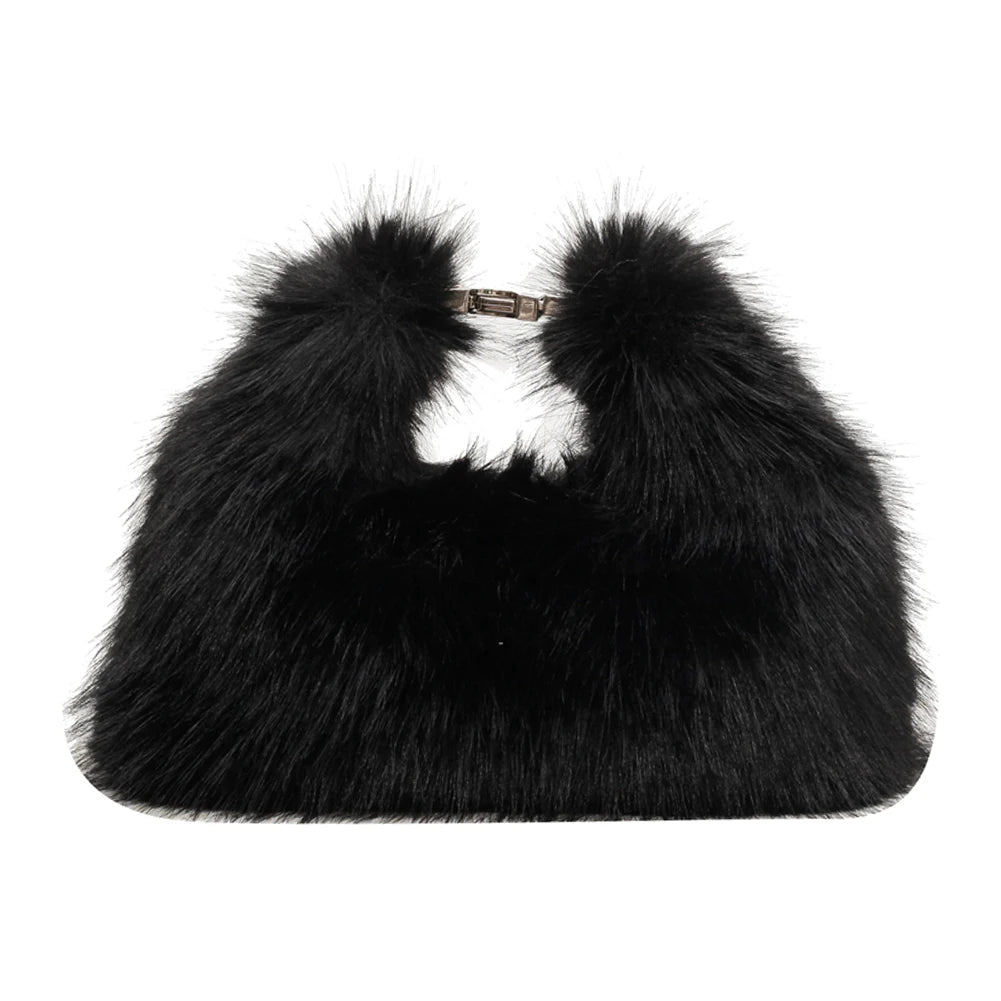 Women Faux Fur Shoulder Bag Adjustable Strap Fluffy Crossbody Bag Solid Color Clutch Purse for Travel Party