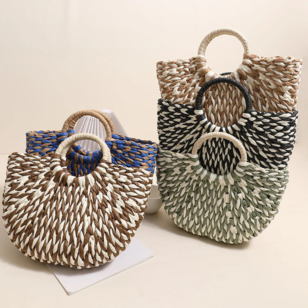 Women Half-Round Handbag Large Capacity Semi-Circle Woven Bag Color Clash Semicircle Weaving Bag Summer Beach Handbag