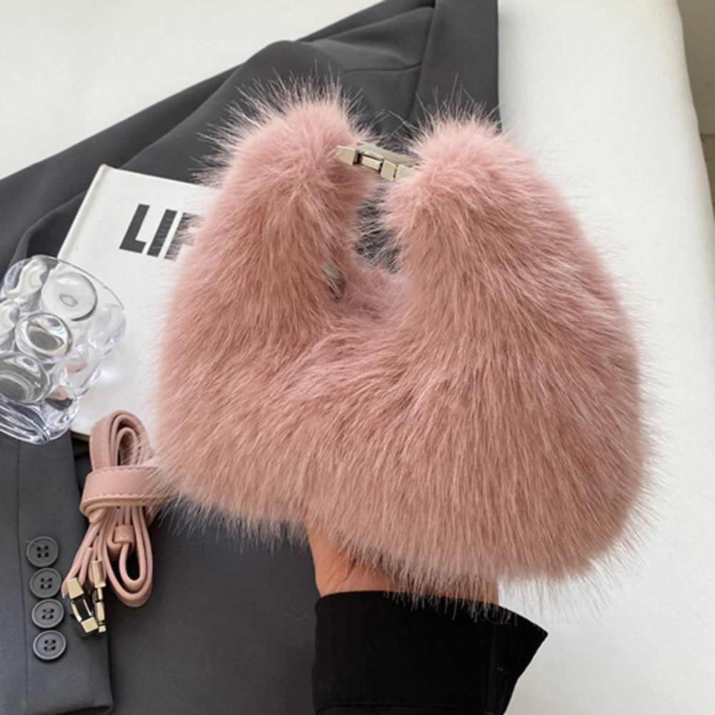 Women Faux Fur Shoulder Bag Adjustable Strap Fluffy Crossbody Bag Solid Color Clutch Purse for Travel Party