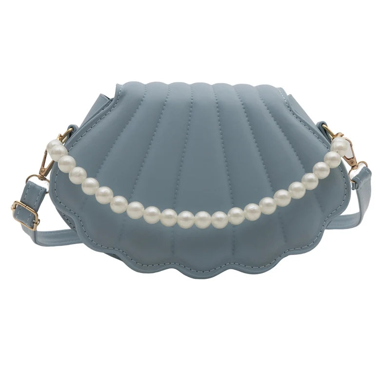 PU Leather Shoulder Bag Seashell Women Crossbody Bag Pearl Chain with Adjustable Strap Satchel Bag for Party Prom Cocktail