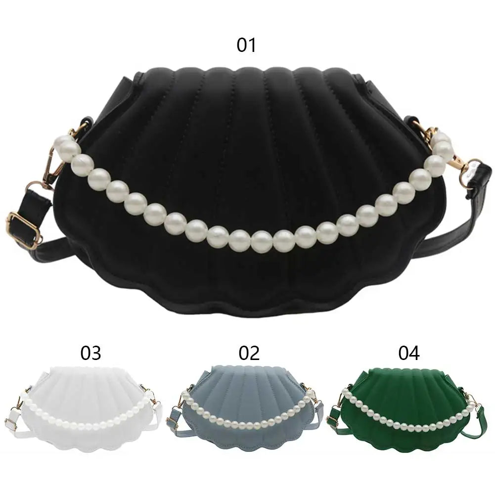 PU Leather Shoulder Bag Seashell Women Crossbody Bag Pearl Chain with Adjustable Strap Satchel Bag for Party Prom Cocktail
