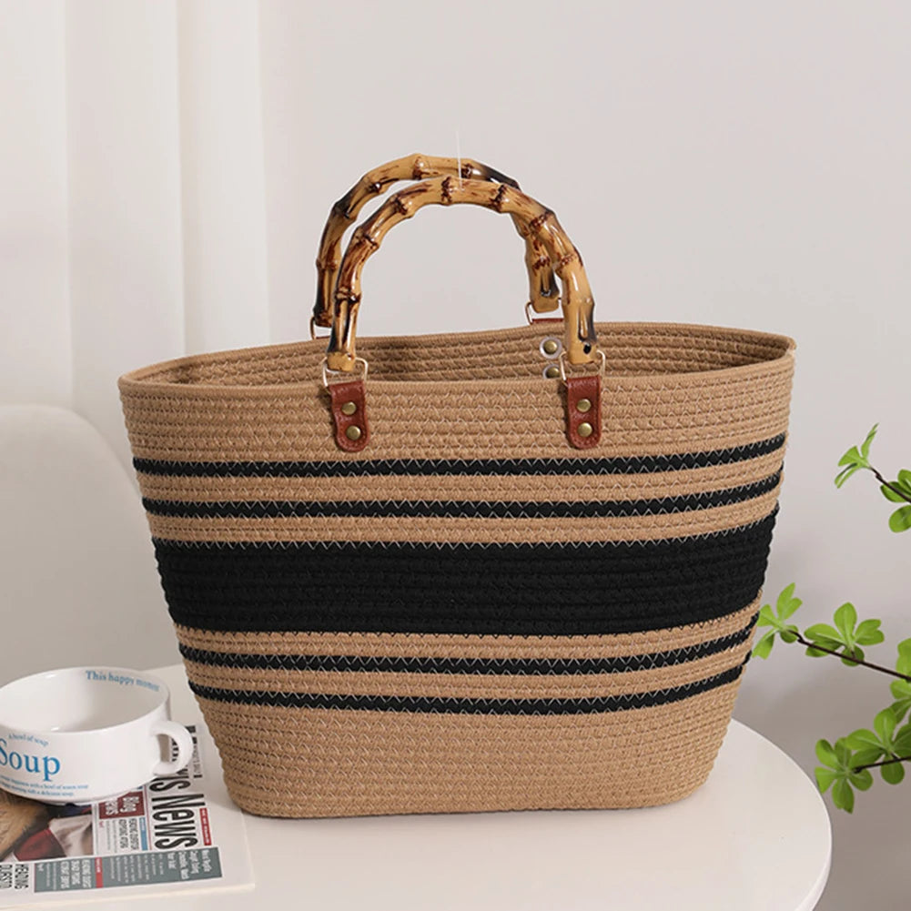 Beach Vacation Bags Bamboo Handle Women Weaving Bag Large Capacity Striped Portable Casual Fashion Exquisite for Seaside Party