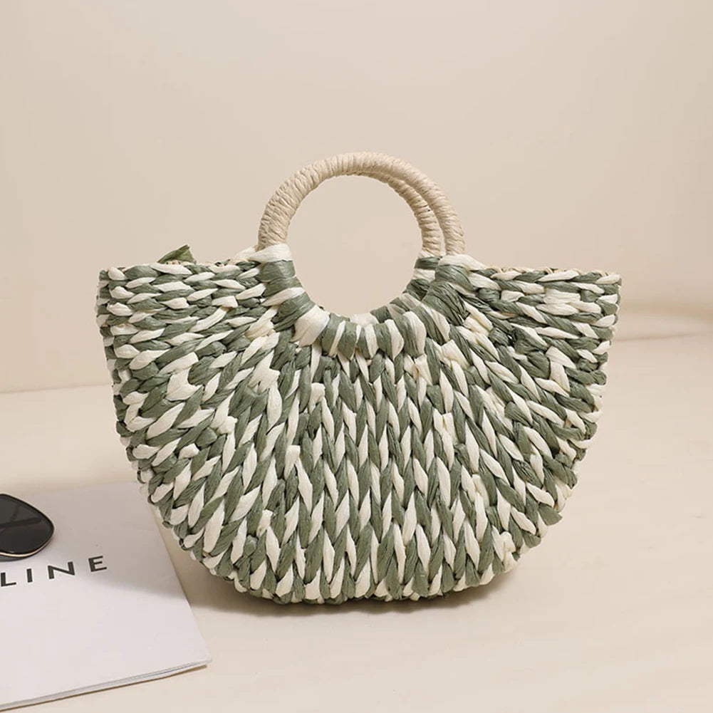 Women Half-Round Handbag Large Capacity Semi-Circle Woven Bag Color Clash Semicircle Weaving Bag Summer Beach Handbag