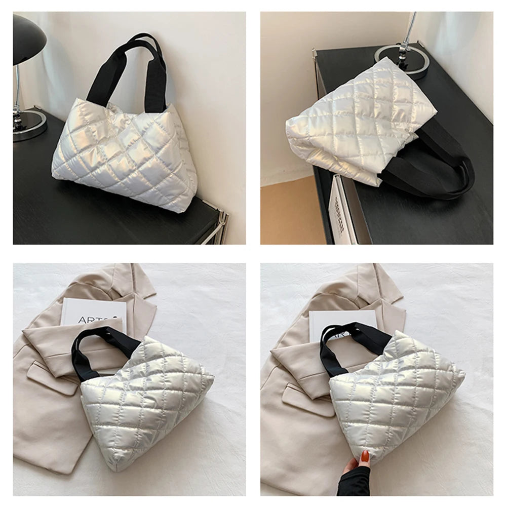 Women Quilted Hobo Handbag Large Capacity Puffer Shoulder Bag Solid Color Portable Cotton Girls Winter Bag
