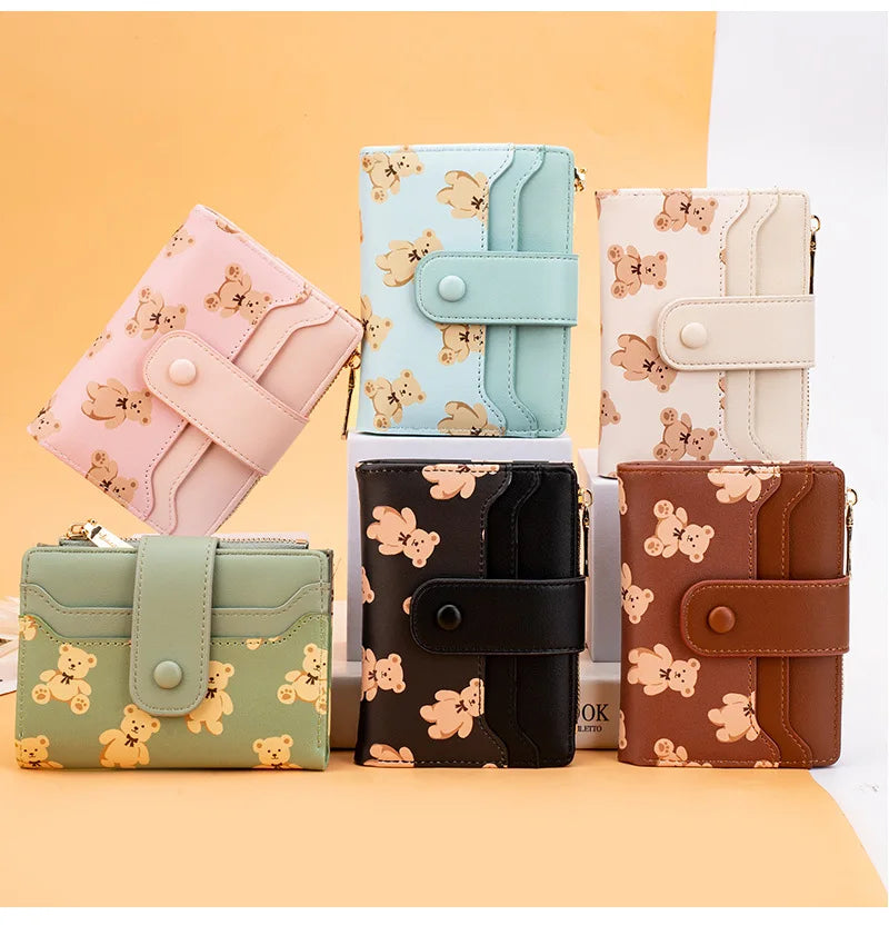 PU Leather Female Bifold Purses Cute Bear Card Holder Wallet for Girl Small Zipper Wallet with Coin Purse