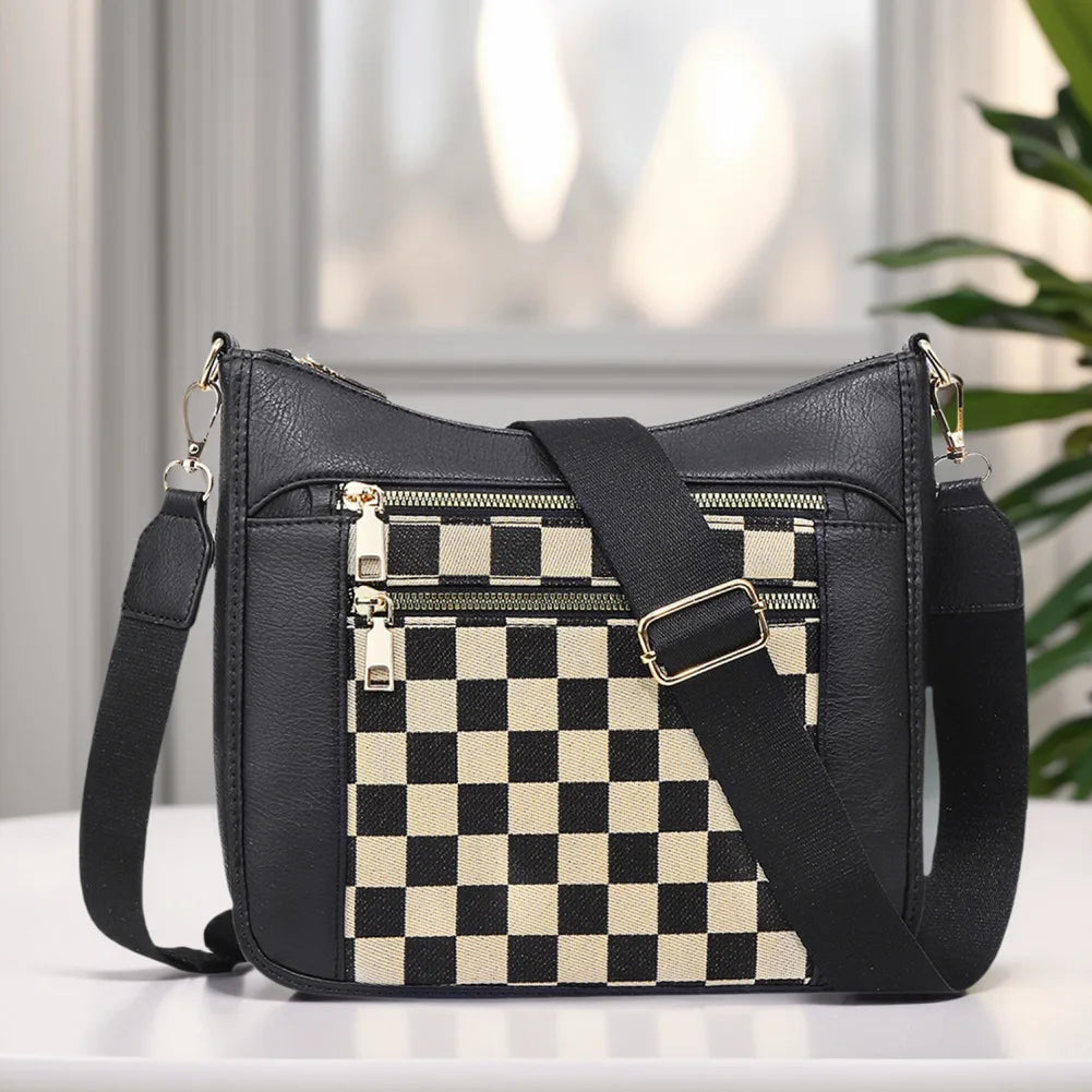 Women Leather Crescent Crossbody Bag Adjustable Strap Stylish Satchel Purse Cherckered Shoulder Bag for Commuting Daily Use