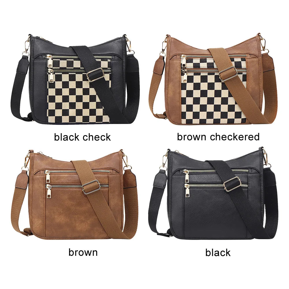 Women Leather Crescent Crossbody Bag Adjustable Strap Stylish Satchel Purse Cherckered Shoulder Bag for Commuting Daily Use