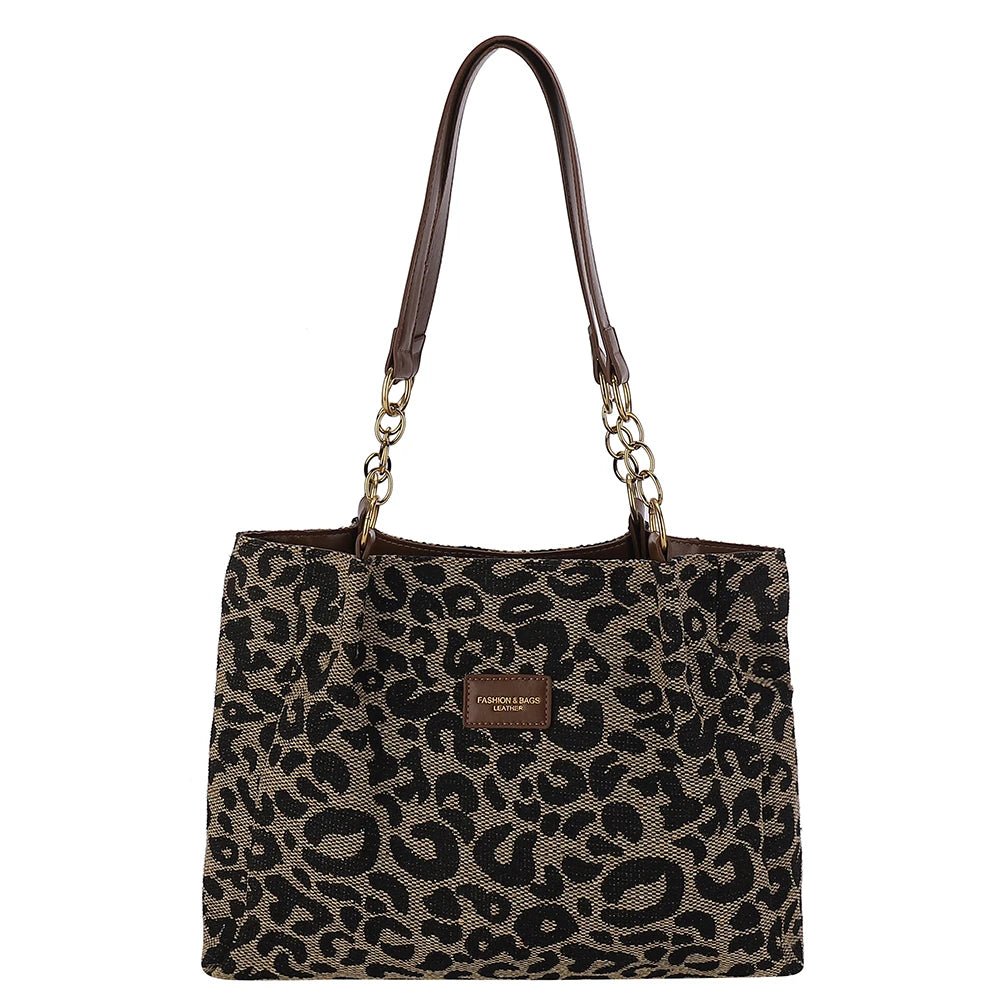 Women Tote Bag Leopard Print Canvas Shoulder Bag Multi-Pockets Handbag with Zipper Underarm Bag for School Work Shopping
