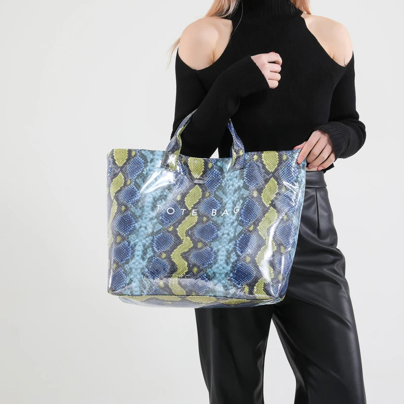 Women PU Handbag Fashion Handheld Bag Large Capacity Shopping Bag Snake Pattern Commuting Bag Waterproof Chic Hobo Bag