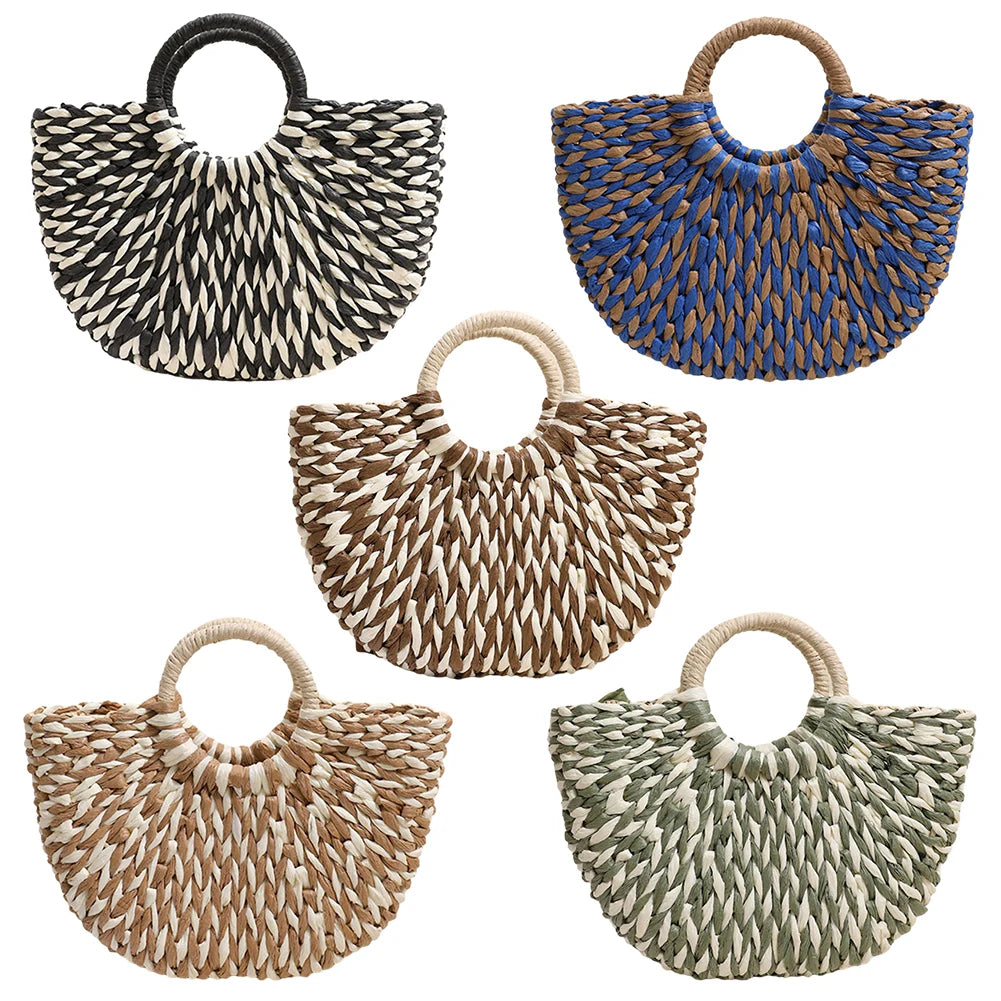 Women Half-Round Handbag Large Capacity Semi-Circle Woven Bag Color Clash Semicircle Weaving Bag Summer Beach Handbag