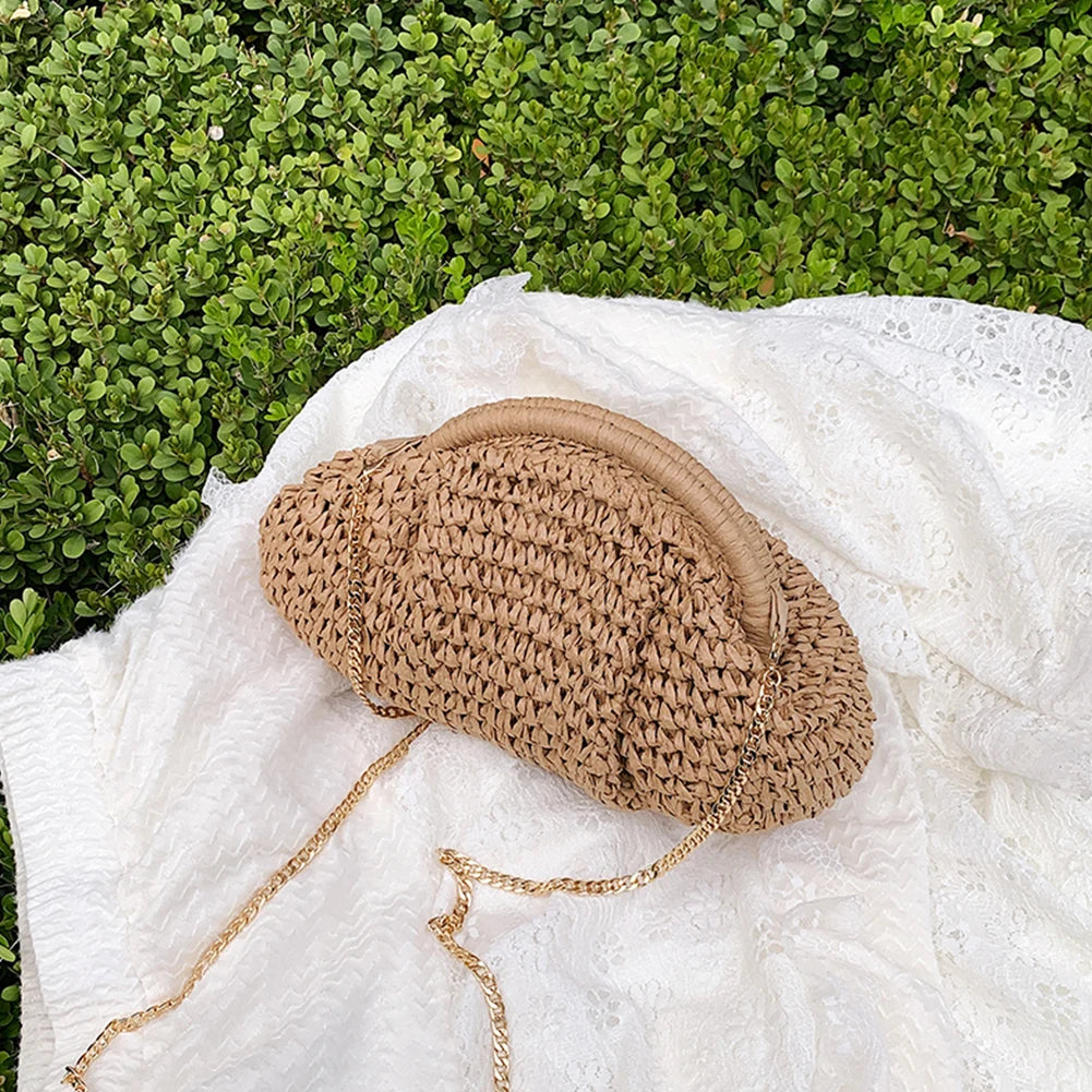 Women Straw Woven Bag Chain Strap Stylish Crossbody Bag Large Capacity Weaving Satchel Bag Solid Color for Outdoor Travel