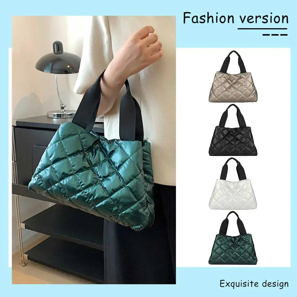 Women Quilted Hobo Handbag Large Capacity Puffer Shoulder Bag Solid Color Portable Cotton Girls Winter Bag