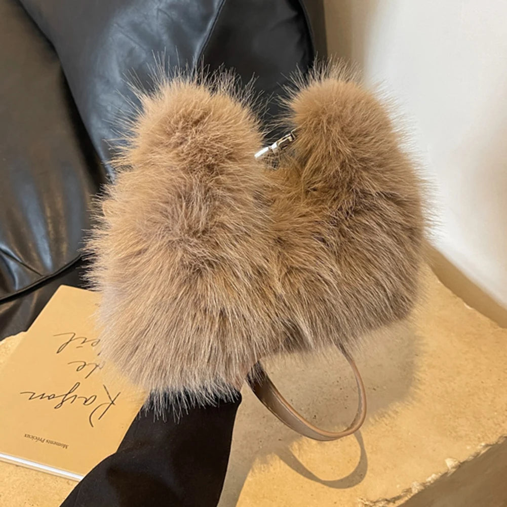 Women Faux Fur Shoulder Bag Adjustable Strap Fluffy Crossbody Bag Solid Color Clutch Purse for Travel Party