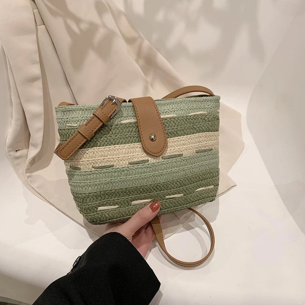 Ladies Woven Bag Handmade Messenger Bag Fashion Casual Simple Portable Gradient Color Elegant Paper Rope for Seaside Holiday