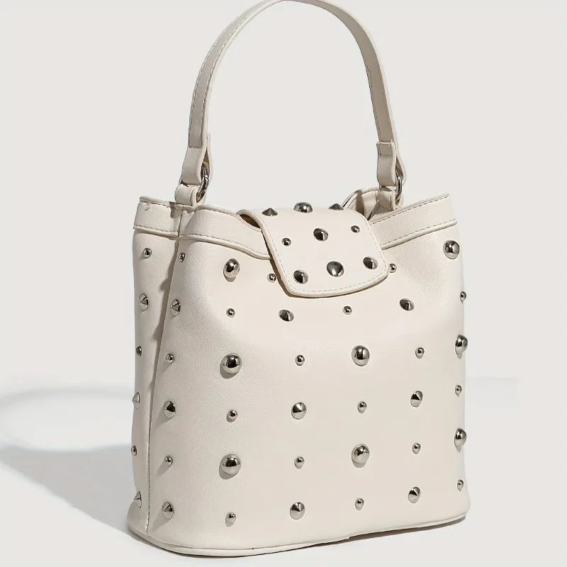 White Leather Single Shoulder Bag, Riveted Carry-on Bag Large Capacity, Fashionable Zipper Chain Diagonal Cross Bags