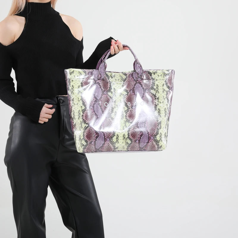 Women PU Handbag Fashion Handheld Bag Large Capacity Shopping Bag Snake Pattern Commuting Bag Waterproof Chic Hobo Bag