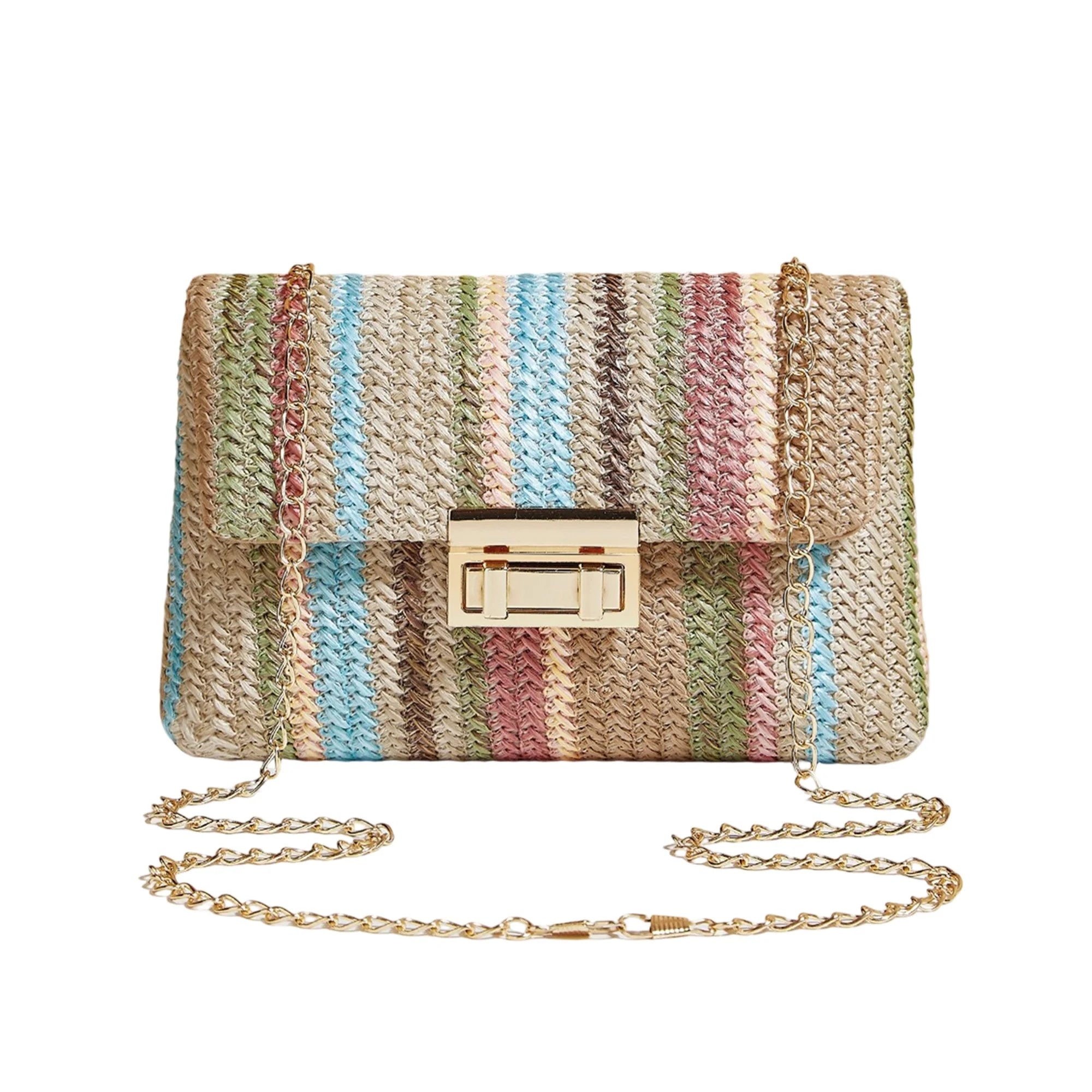 Colorful Striped Rattan Crossbody Bag Boho Woven Purse Shoulder Bag for Women Summer Beach Vacation Accessory