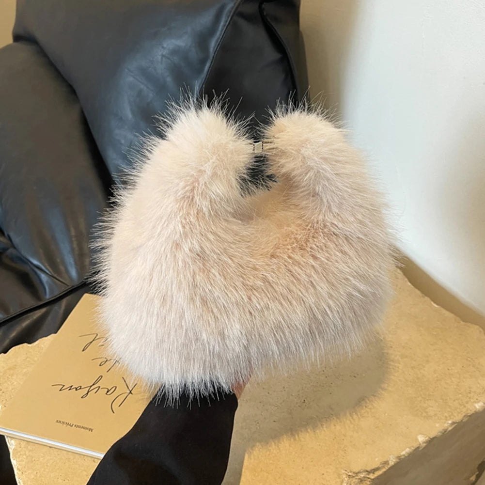 Women Faux Fur Shoulder Bag Adjustable Strap Fluffy Crossbody Bag Solid Color Clutch Purse for Travel Party