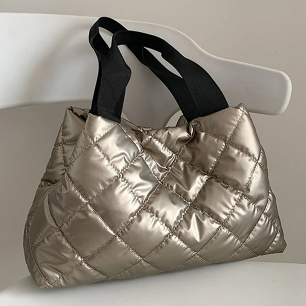 Women Quilted Hobo Handbag Large Capacity Puffer Shoulder Bag Solid Color Portable Cotton Girls Winter Bag