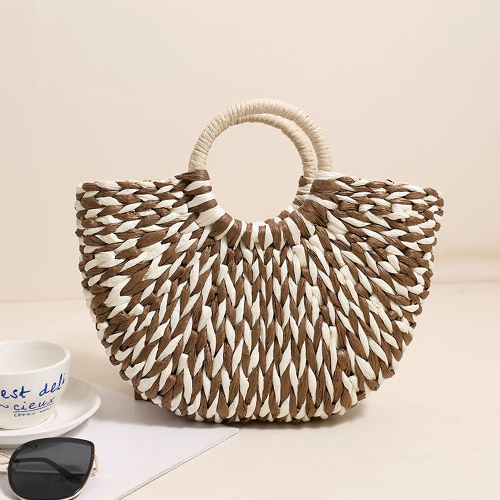 Women Half-Round Handbag Large Capacity Semi-Circle Woven Bag Color Clash Semicircle Weaving Bag Summer Beach Handbag