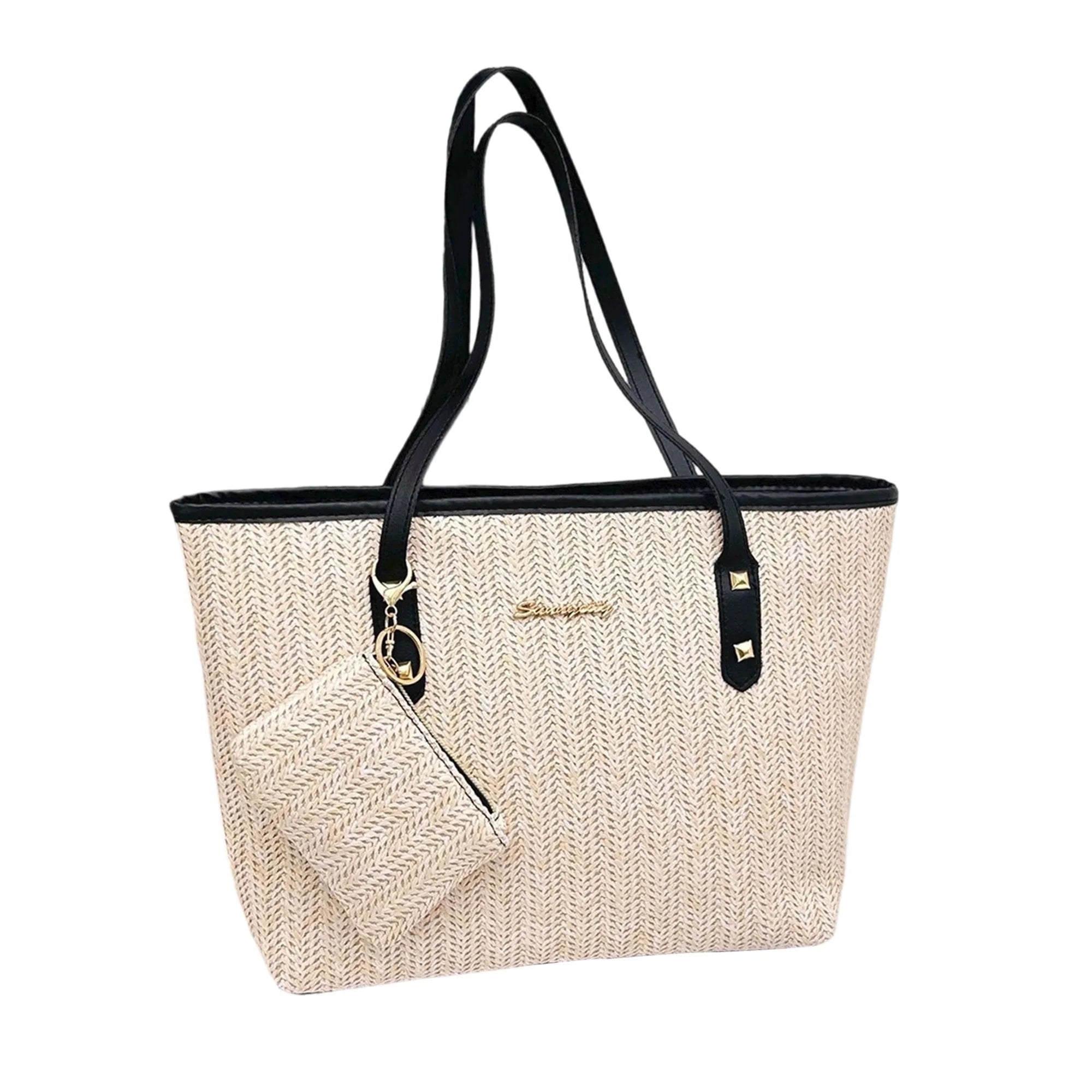 Stylish Straw Tote Bag with Zipper Closure and Woven Design Spacious Shoulder Bag for Women Perfect for Summer Beach Outings