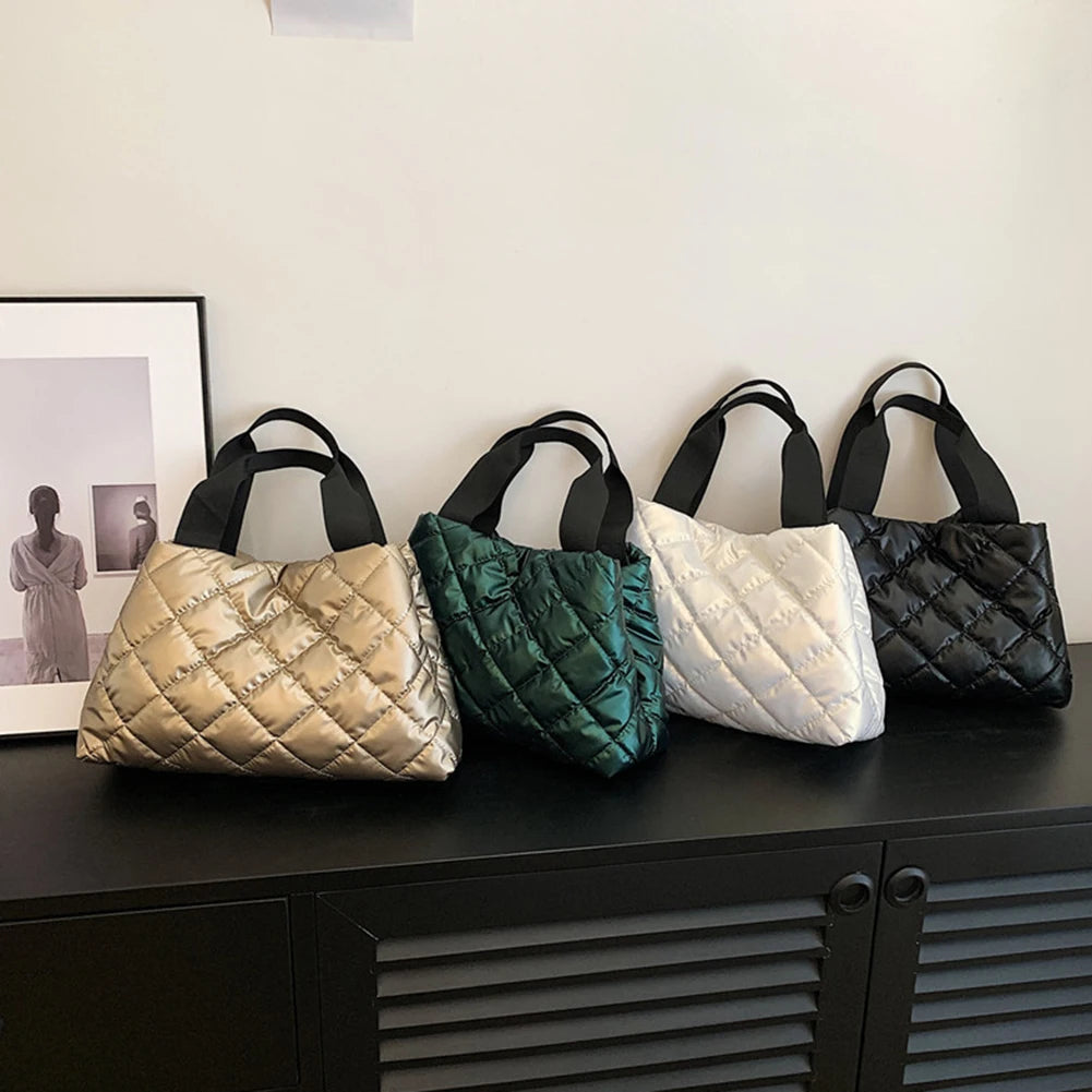 Women Quilted Hobo Handbag Large Capacity Puffer Shoulder Bag Solid Color Portable Cotton Girls Winter Bag